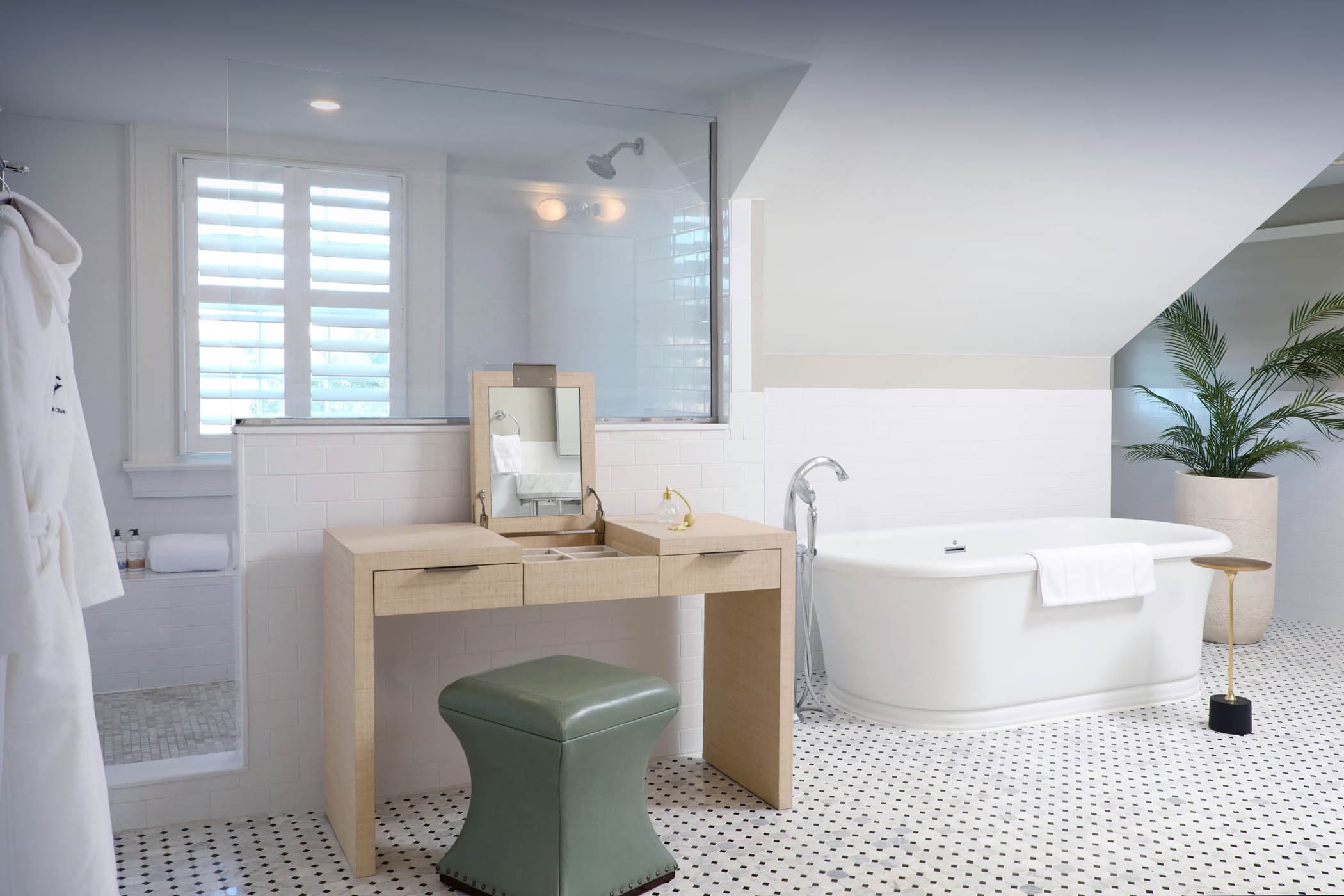 San Souci King Suite Bathroom with a soaker tub, makeup station and walk in shower