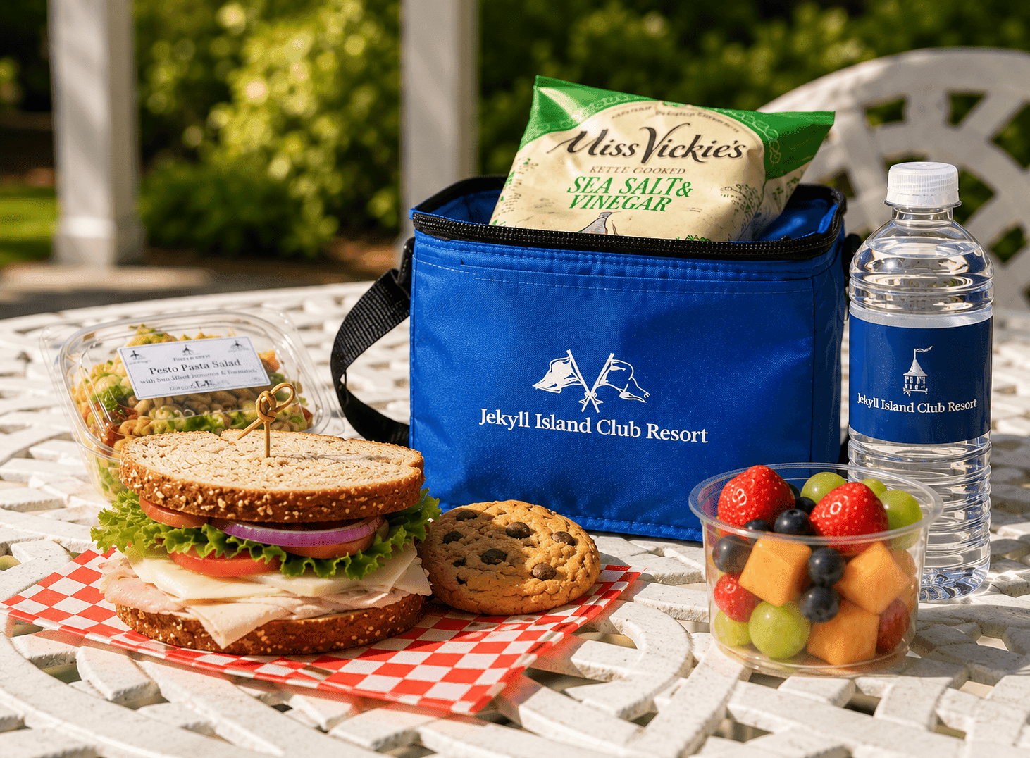 Pantry Picnic togo lunch with a salad, sandwich, fruit, water bottle, and chips