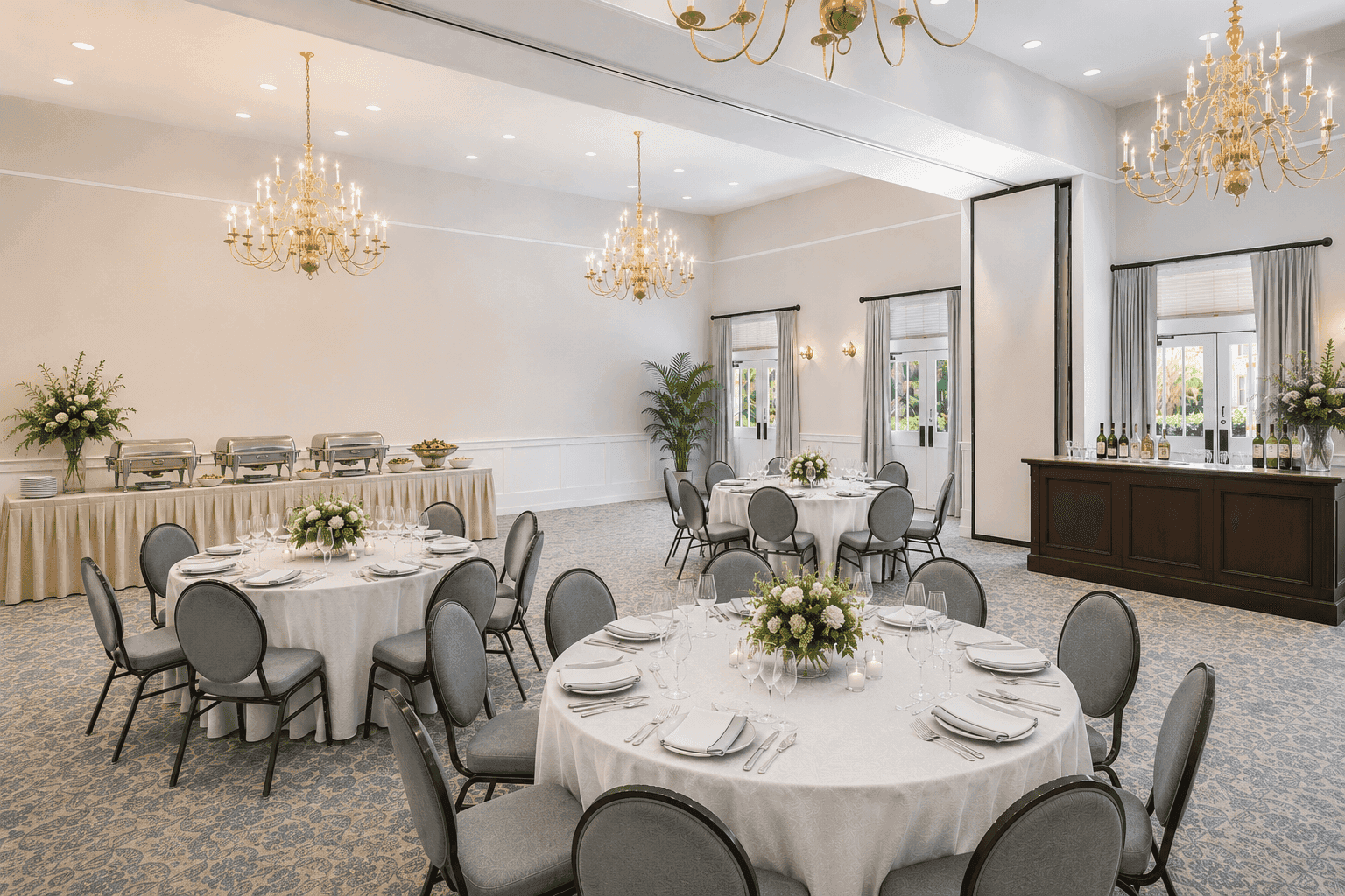 Private Event Ballroom with beautiful chandeliers, a bar station, food tables and plenty of seating