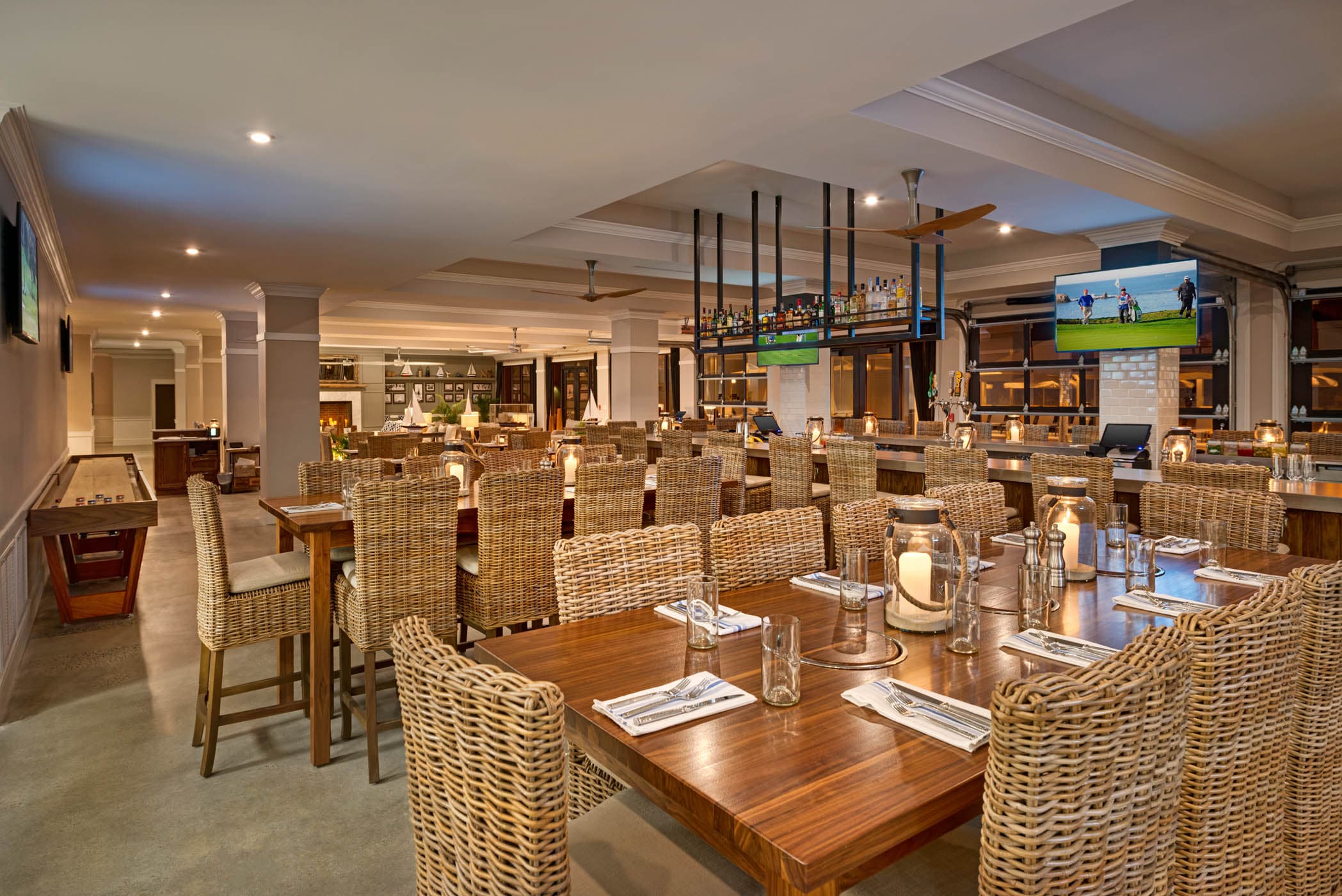 Inside a restaurant with tables set up for service