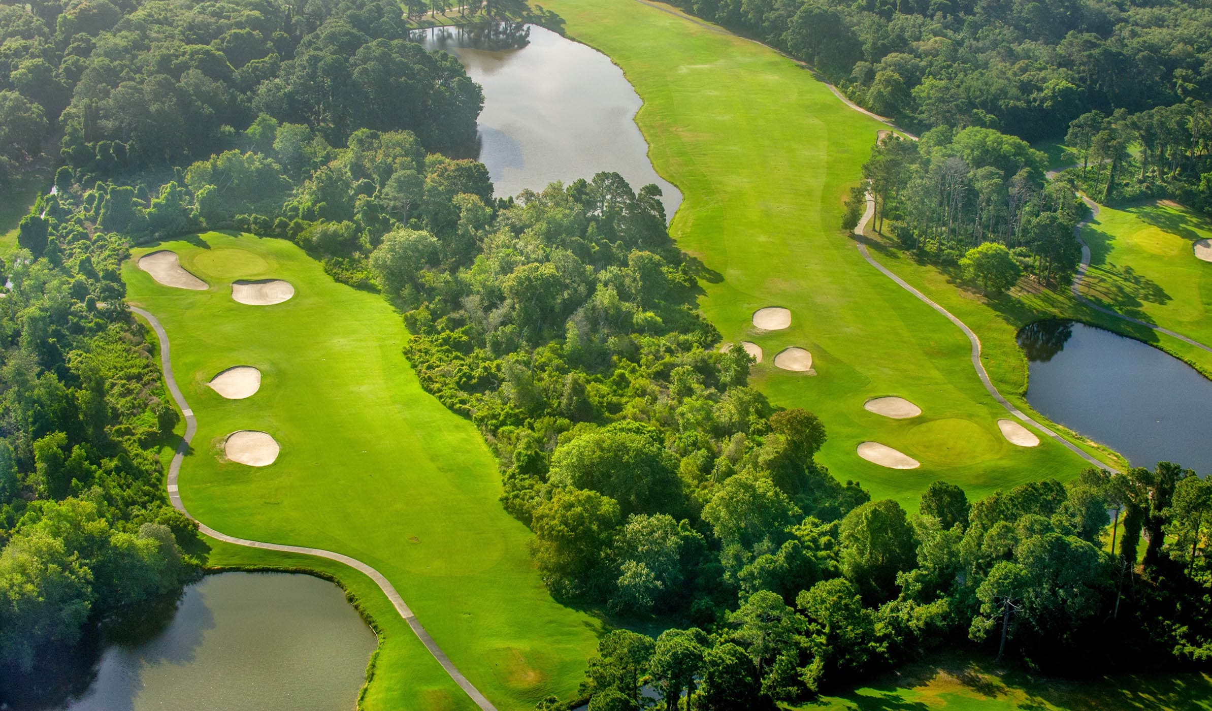 An aerial view of a golf course