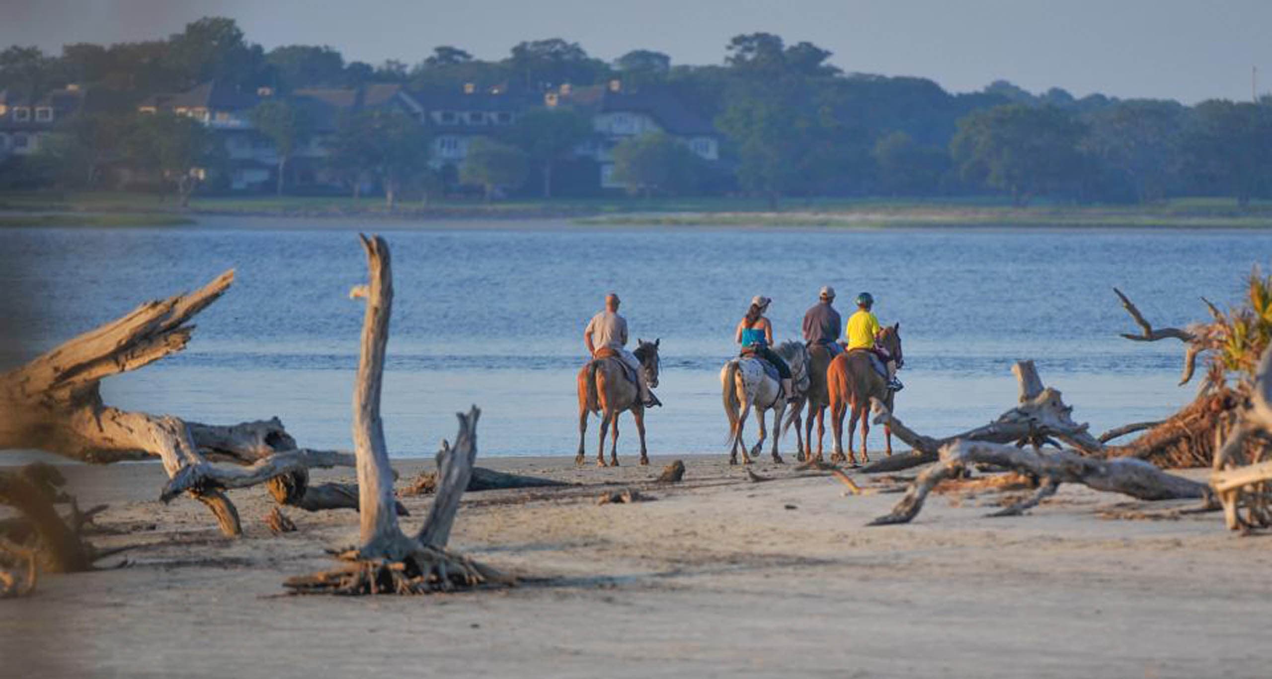 4 people horseback riding on the Driftwood Beach