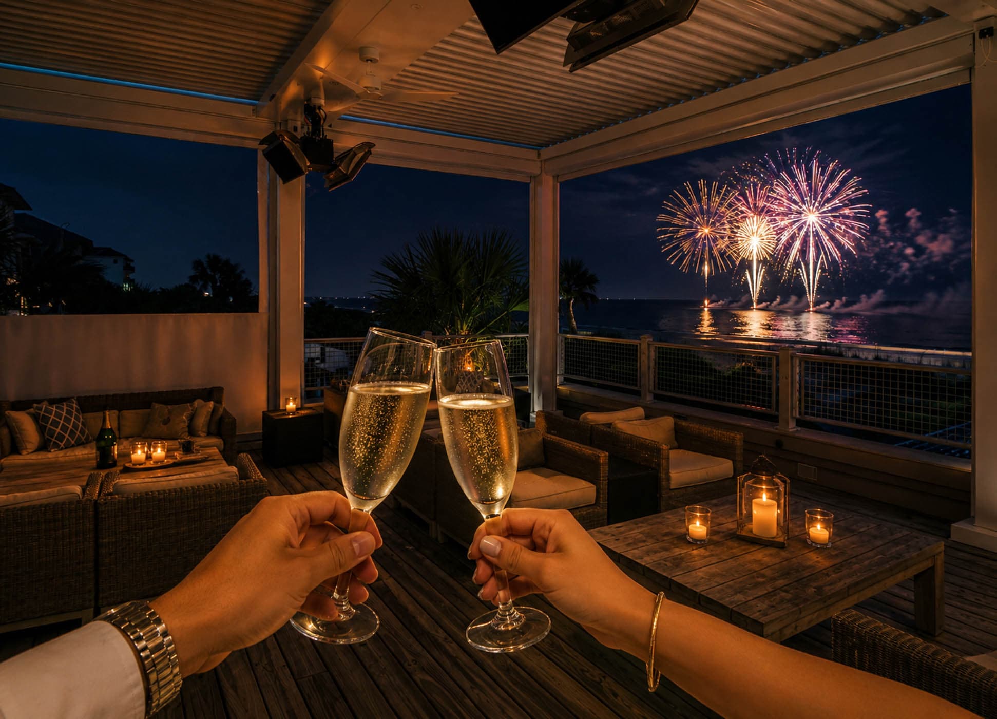 Two people toasting glasses of champagne on a patio with fireworks over the water