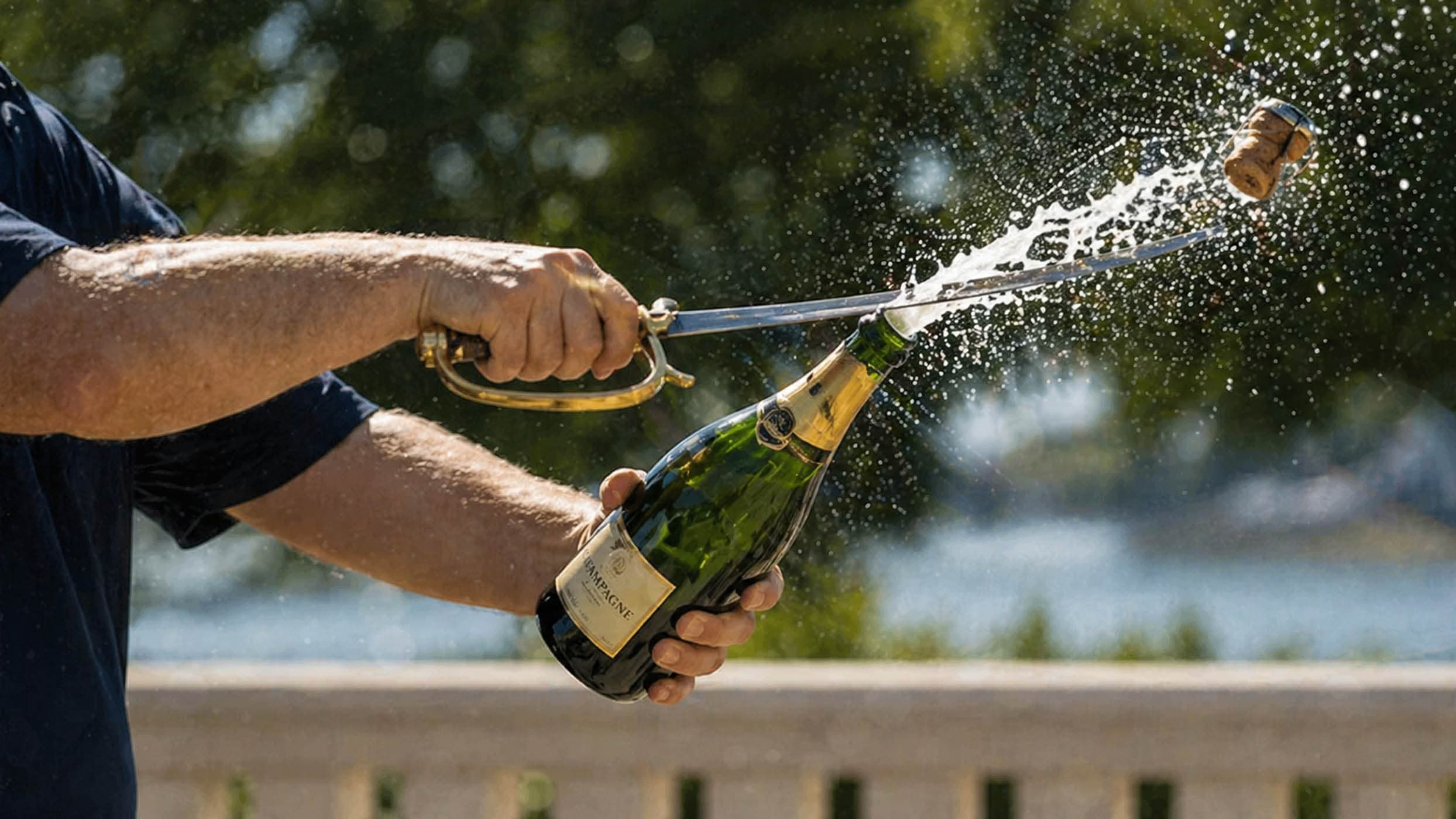 A man sabering a bottle of champagne