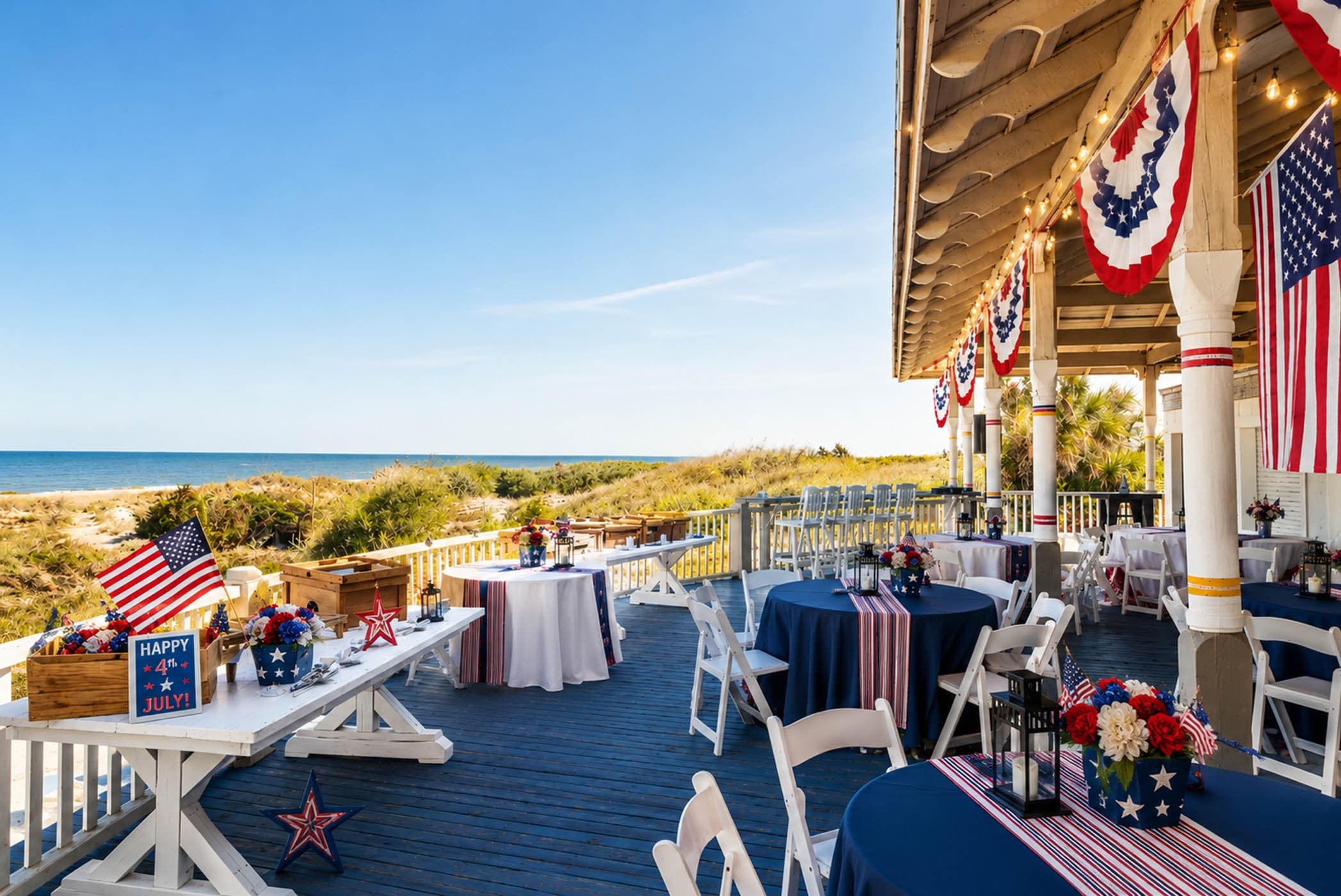 A balcony set up with stars and stripes for a special holiday
