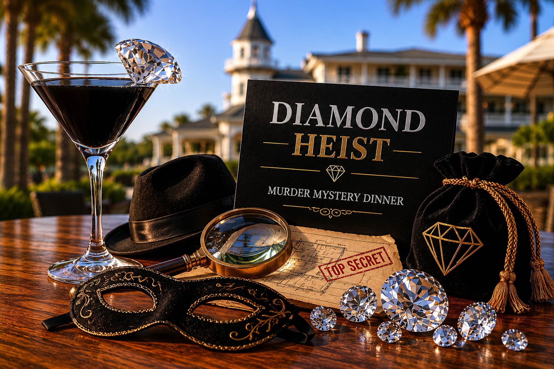 Diamond Heist mystery dinner card with a mask , fake jewels and a martini