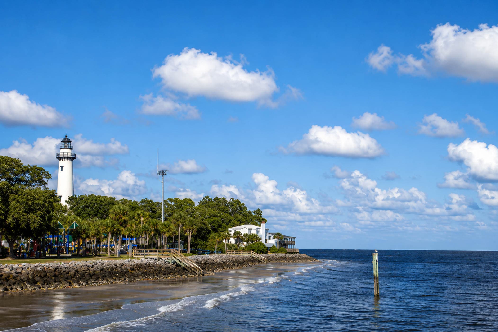 View of St Simons Island with a lighthouse