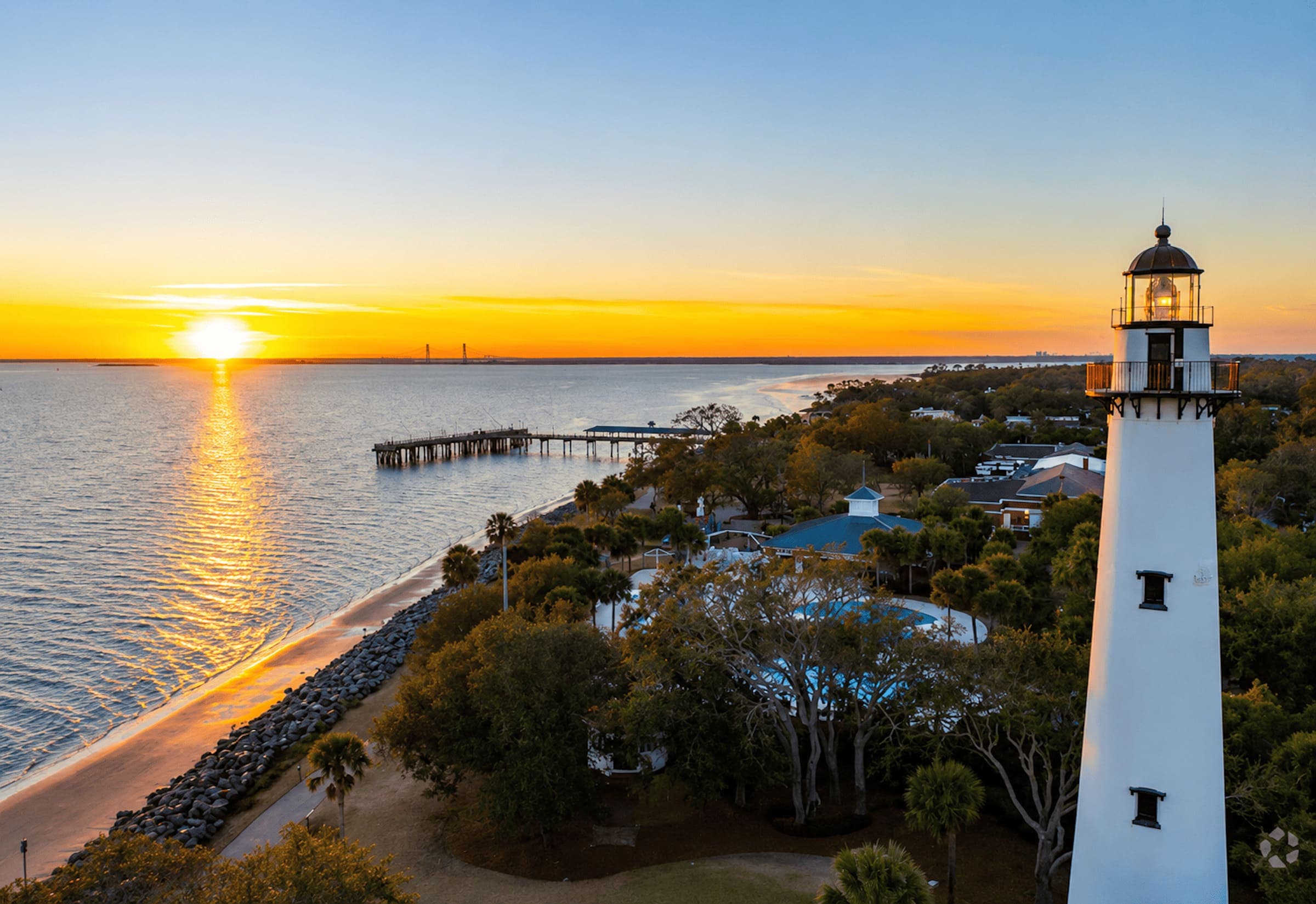 A lighthouse and houses on St Simons Island during a sunset
