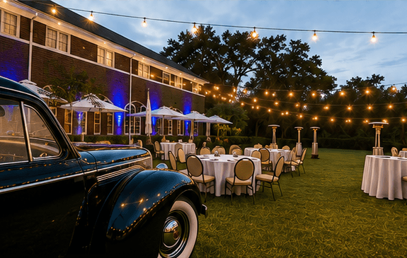 A vintage car, string lights a a bunch of beautifully decorated table for a garden party