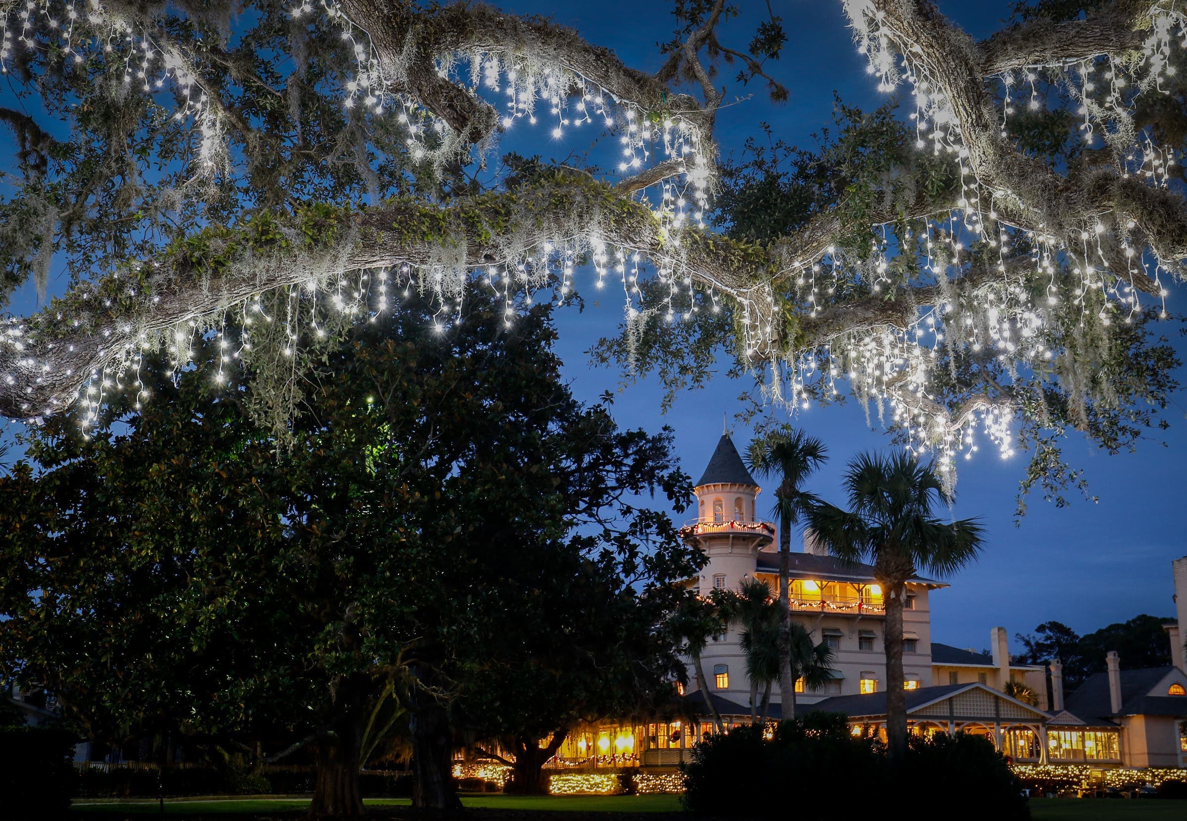 The exterior of Jekyll with string lights around the trees for the holidays