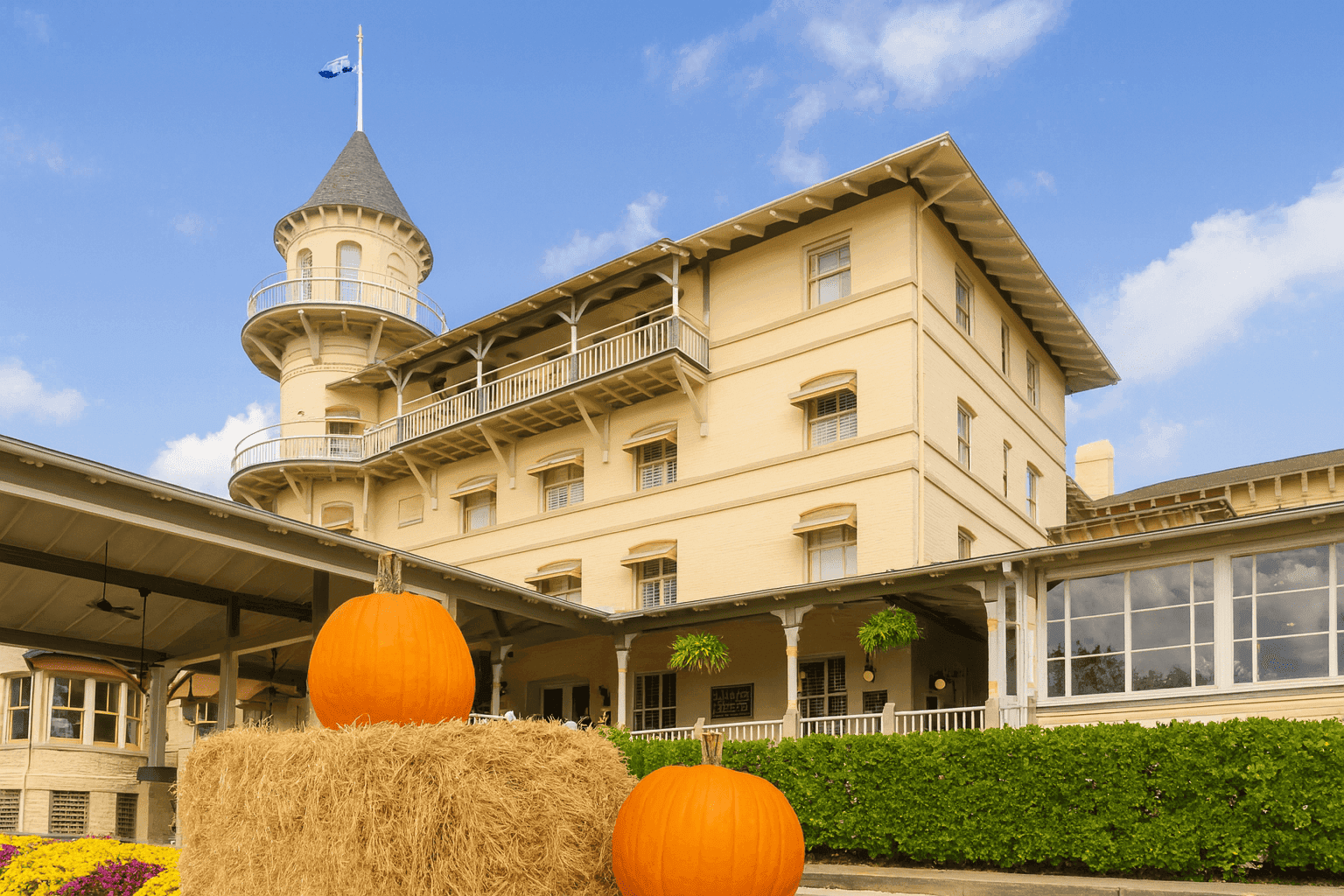 The exterior of Jekyll done up for autumn with bails of hay and pumpkins