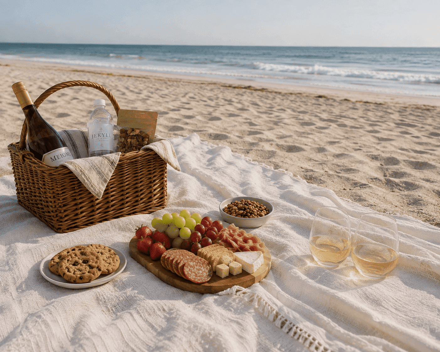 A picnic basket with meat, cheese, cookies, nuts, and wine on the beach