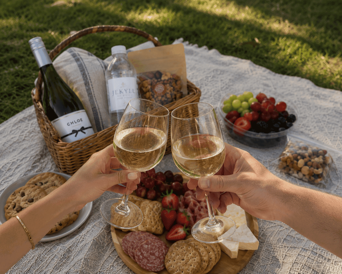 2 people holding wine glasses with a basket of picnic food and a blanket spread out on the ground with cheeses and meats