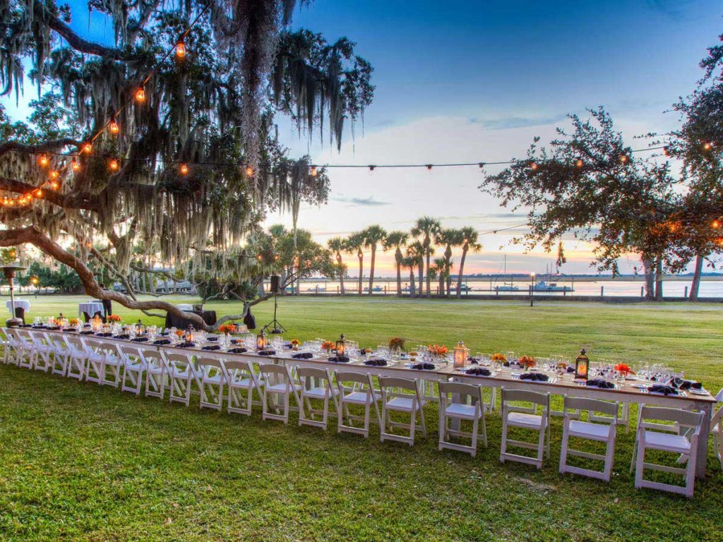 Large Event Table Outside At Sunset.